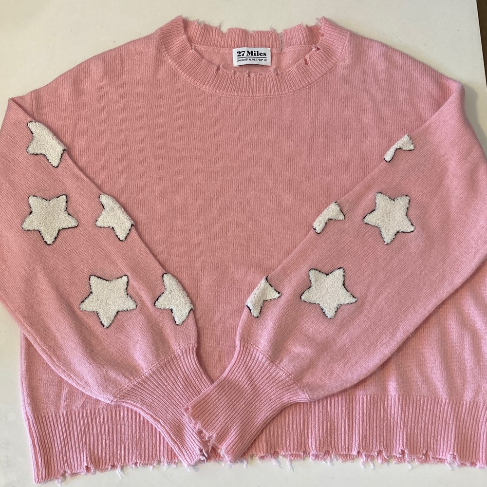 27 Miles Malibu Luella Pink Sweater with White Stars Medium Cashmere Sweater - Picture 3 of 7